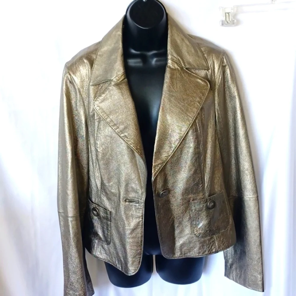 Spiegel Vintage Metallic Gold Soft Leather Women’s One Button Blazer Jacket